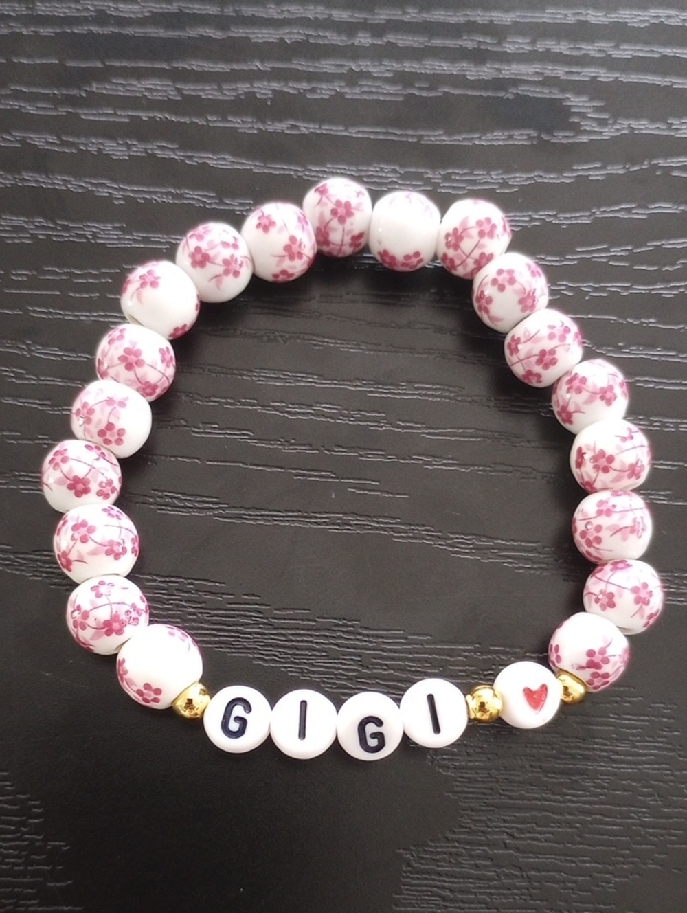 Pink White Delft GIGI Floral Bead Stretch Bracelet Grandma Gift